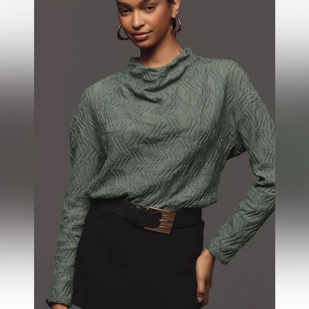 Anthropologie Textured Green Cowl Neck long sleeve‎ top